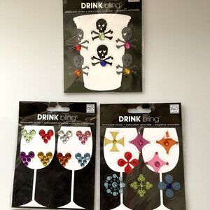 3 SKULL, CROSSBONES CROSSES, HEART, DRINK BLING REMOVEABLE PARTY BEVERAGE MARKER